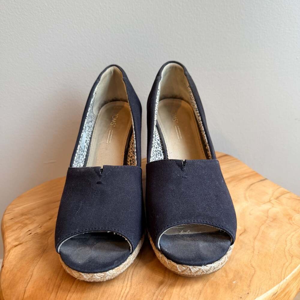 Toms Michelle Black Canvas Espadrille Peep Toe Wedge Sandals Size 9.5 - Picture 3 of 7